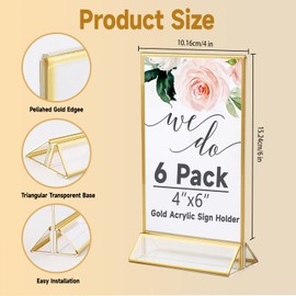 Ayuanb Gold Acrylic Sign Holder 4x6 Inch, 6 Pack Gold Acrylic Picture Frames, Clear Double Sided Menu Holder, Wedding Table Number Frames Vertical for Wedding Reception, Party Decoration,Restaurant Signs