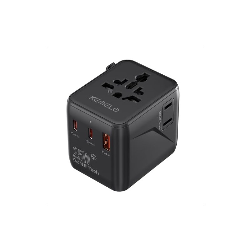 25W Reiseadapter Weltweit,5 in 1 Universal Adapter mit USB A,USB