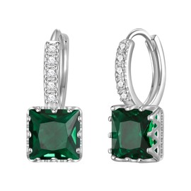 EVER FAITH Fashion Dainty 5 Cubic Zirconia Huggie Hoop Earrings for Women, Elegant Casual Tiny May BirthStone CZ Square Cut Stud Earrings for Girls Emerald Green Silver-Tone
