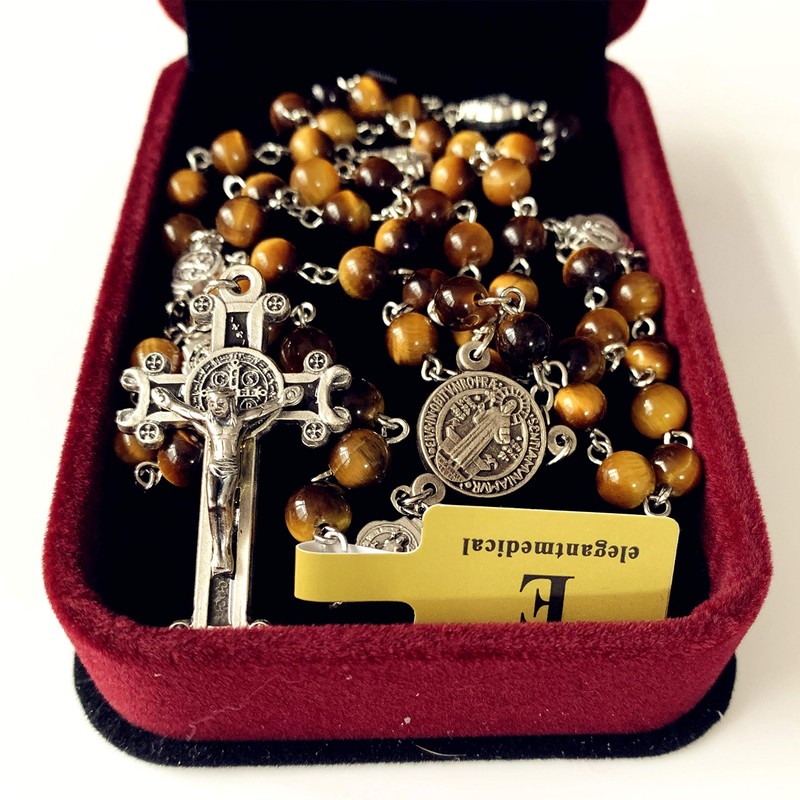 elegantmedical Catholic Nice Saint St. Benedict Tiger Eye Beads Gift