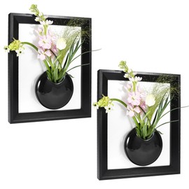 Qacoczme Wall Wooden Frame Ceramic Vase Set of 2,Modern Home Decor Tabletop or Wall Hanging Planters,Boho Rustic Farmhouse Decor for Living Room, Bedroom, Bathroom (Black, 11.5" X 9.6" 2 Pack)