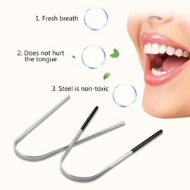 Vtrem 2 Pack Tongue Scraper Surgical Grade Stainless Steel Tongue Cleaner Reusable Lifetime Dental Scrapers Effective Get Rid of Bad Breath, (Silver & Black)
