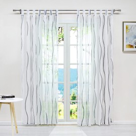 ESLIR Curtains with Tabs Transparent Tab-Top Curtain Waves Pattern Voile Grey W x H 140 x 245 cm Pack of 1