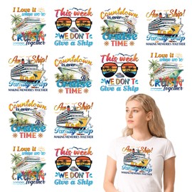 Falueqg Vintage Cruise Iron on Transfer - 12Pcs Cruise Ship DTF Transfers Ready to Press, Family Trip Iron on Decals Patches, Palm Tree Boat Heat Transfer Vinyl Stickers for T-Shirt Jeans Bag Hats