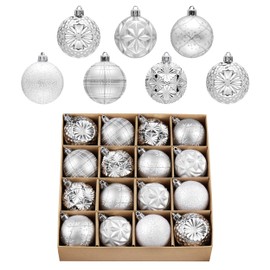 Valery Madelyn Fall Ornaments for Christmas Trees, 16ct White and Silver Shatterproof Christmas Tree Decorations, 2.36 Inches Luxury Hanging Ball Ornaments for Thanksgiving Autumn Harvest