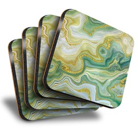Destination Vinyl ltd Great Coasters (Set of 4) Square - Green Jade Agate Marble Effect Drink Glossy Coasters/Tabletop Protection for Any Table Type #21516