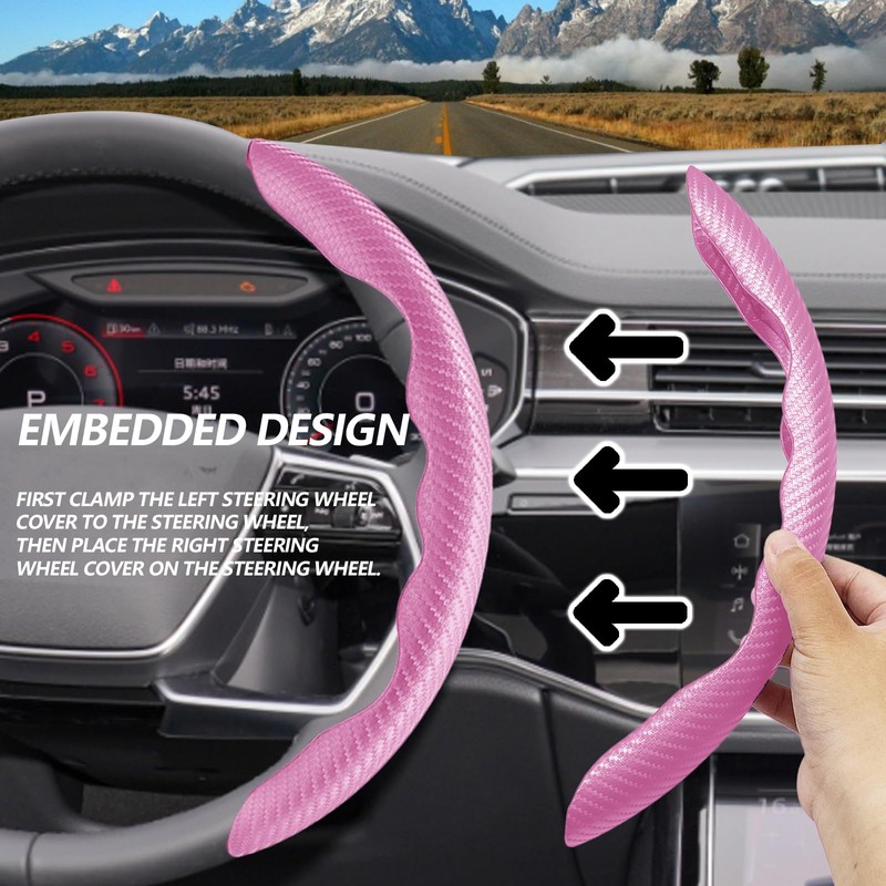 2pcs Universal Fit Carbon Fiber Steering Wheel Cover, Anti-Skid Steering