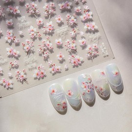5D Embossed Cherry Blossoms Nail Stickers for Nail Art Spring Summer Nail Art Stickers Self-Adhesive Pink Flower Design Manicure Decorations Floral Nail Decals for Women Girls Acrylic Nail Salon DIY