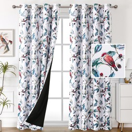 H.VERSAILTEX 100% Blackout Curtains 84 inch Length 2 Panels Set Printed Drapes Thermal Insulated Curtains for Bedroom with Black Liner Sound Proof Curtains, Wild Berry and Bird