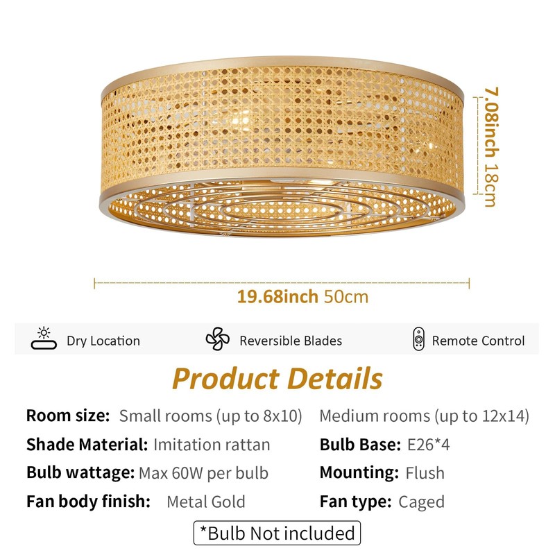 ainqiant Boho Caged Ceiling Fan with Light, 20'' Rattan Flush