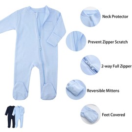 BINIDUCKLING Unisex Infant 2-Pack Cozy Footed Pajamas Outfits Newborn Baby Boy Girl's Solid Colors Cotton Onesies Sleepsuit Rompers,Navy+LBlue,6 Months