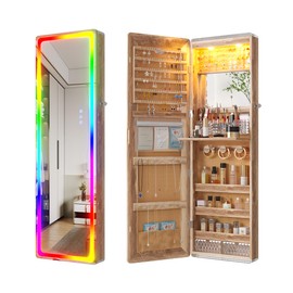HNEBC LED Mirror Jewelry Cabinet with RGB Lights,47.2" Wall Mounted Jewelry Organizer with Full-Length Mirror,Over The Door Hanging Jewelry Armoire Storage Cabinet,Folding Dresser,2 Drawers,Lockable