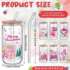 Uiifan 6 Pcs Christmas Glass Cups 16 oz Christmas Drinking Glasses with Lids Brush and Straws Pink Christmas Iced Coffee Cups Christmas Appreciation Gifts for Xmas Birthday Women Kids Party Favor