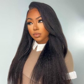BLY Glueless Wig Kinky Straight Human Hair Lace Front Wigs 7x5 HD Lace Pre Cut Pre Plucked Invisible Knots Wear and Go Yaki Straight Wig for Women 180% Density 22 Inch