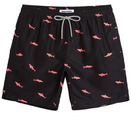 MaaMgic Mens Quick Dry Swim Trunks with Mesh Lining Flamingo Boardshorts, Black Pink Shark, Medium ( Waist:31-33 )