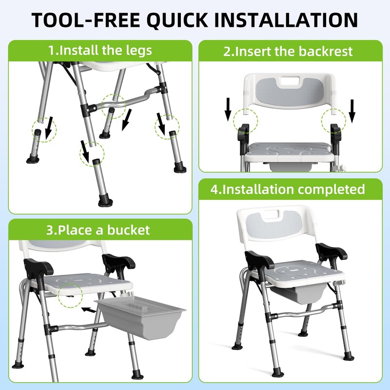 3-in-1 Shower Chair for Seniors, Foldable Bedside Commode, Height Adjustable