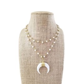 Big White Horn Pendant Necklace White Beaded Stone Chain Double Layered Boho Chic