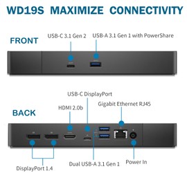 Dell WD19S 180W Docking Station (130W Power Delivery), Dell Dock Station for Laptop, Dual 4K Monitor Support, with 180W Power Adapter, DisplayPort & HDMI Cable (Renewed)