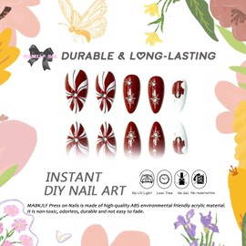 Christmas Press on Nails MABKJLF Medium Almond Fake Nails Santa Hat False Nails with Snowflake Designs Full Cover Glossy Glue on Nail Reusable Acrylic Nails for Women Girls 24Pcs