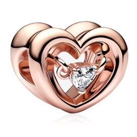 Annmors Rose Gold Radiant Heart & Floating Stone Charm 925 Sterling Silver Beads Dangle Charm,Compatible with European Bracelet and Necklace,Birthday Mother's Day Gifts for Women Wife