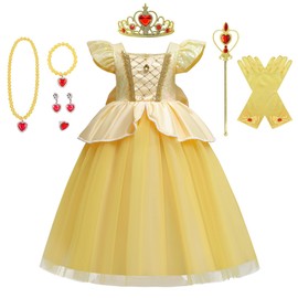 [ChicFlow] Princess Belle Dress Kids Role Play Clothes Birthday Playgroup Cultural Festival Recital Party Event Performance Costume Deluxe 8 Piece Set