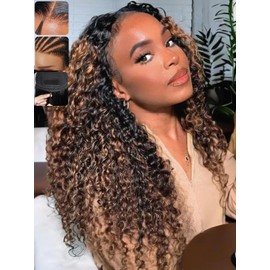 KLAIYI Ombre Brown Water Wave Bye Bye Knots Glueless Wig Human Hair Pre Cut 7x5 Lace Front Wigs Drawstring Pre Plucked Bleached Highlight Balayage Curly Ready to Wear and Go Wig with Dark Roots 18Inch