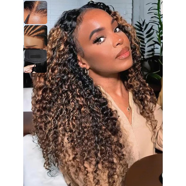 KLAIYI Ombre Brown Water Wave Bye Bye Knots Glueless Wig
