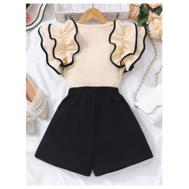Floerns Girl's 2 Piece Outfit Ruffle Trim Sleeve Tee Shirts with Shorts Set Black 11Y