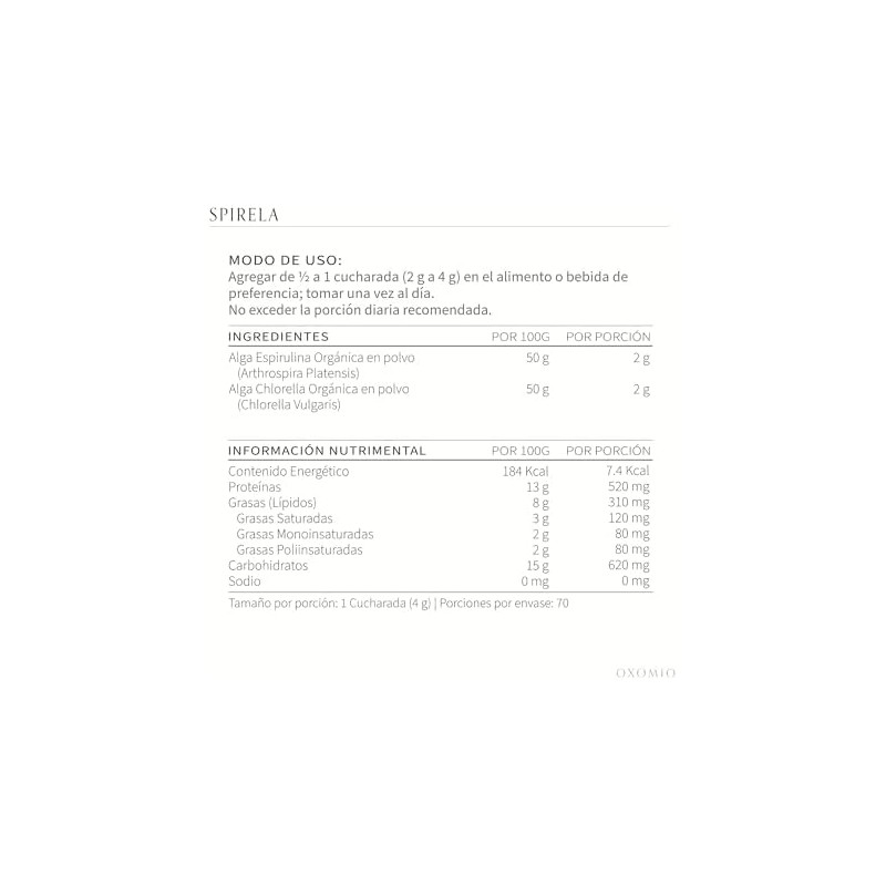 Spirela en POLVO de OXOMIO - Espirulina y Chlorella Orgánicas