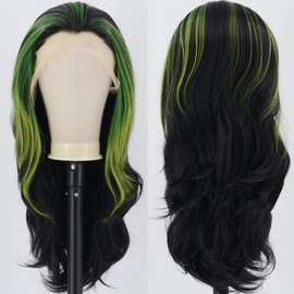 ZHYWIGS Green Black Long Synthetic Lace Front Wig for Women (Green Black)