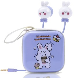 AnRuk Cute Rabbit Earbuds for Kids, Kid Size Wired Earbud & in-Ear Headphones with Microphone and Lovely Earphones Storage Case Gifts for School Girls and Boys