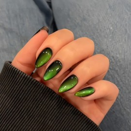 KQueenest Neon Green Cat Eye Press on Nails Almond, 30 Pcs Glitter Fake Nails Medium Stiletto, Bright Vibrant Lime Green Black Nails Press ons, Gothic Shiny Bling Stick on Nails for Women Halloween