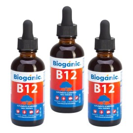 Bioganic paquete de 3 Frascos de Vitaminas B12 Líquida Sublingual, Vegana, Sin Azúcar, Sin Gluten, Sabor Arándano, 720 Porciones en Total, 240 Porcion
