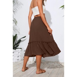 TASAMO Women's Elastic High Waist Flared Skirt with Tiered Hem and Adjustable Drawstring - Lightweight and Breathable for Everyday Wear Olive Brown