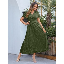 Simplee Women's Boho Floral V Neck Short Sleeve Formal Maxi Ruffle Dress Summer Long Flowy Lace Bridesmaid Wedding Party Evening Dress (L Army Green)