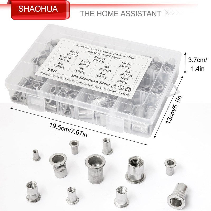 SHAOHUA 225PCS Rivet Nut Kit Rivnuts #8-32#10-24 1/4’’-20 5/16’’-18 3/8’’-16