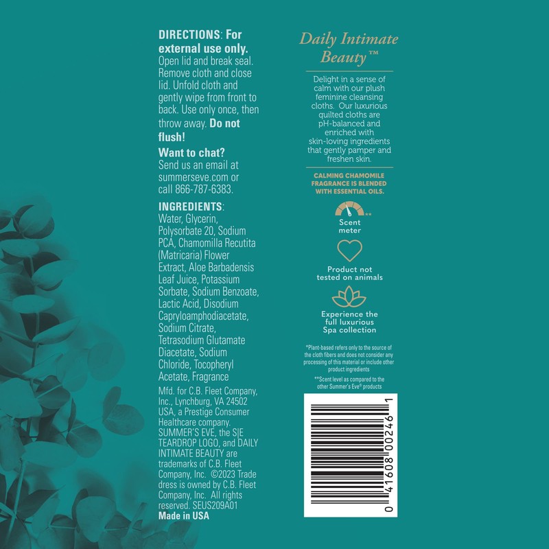 Summer's Eve Spa Calming Chamomile Feminine Wipes, 100% Plant Based*,