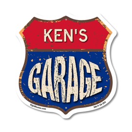 Ken's Garage 18 inch X 18 inch Shield Shaped Commercial Grade Plastic Sign Weather Resistant, UV Protected To last, Gift for Dads and Uncles Classic Americana Crafted in the USA