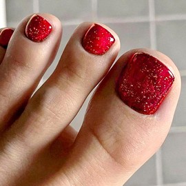AkiliBIELY Bling Red Press on Toenails For Women Acrylic Full Cover Toe Nail Press ons Fantasy Shaped Glitter Toe Press on Nails Classy Aesthetic Press on Toe Nails Sparkly for Wedding Birthday
