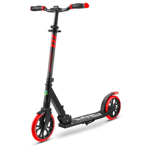 SereneLife Foldable Kick Scooter - Stand Kick Scooter for Teens & Adults with Rubber Grip at Tip, Alloy Deck, Adjustable T-Bar Handlebar Height, Smooth Gliding Wheels, Easy Maneuvering (Red & Black)