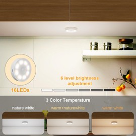 6 Pack Under Cabinet Lights [with Remote], 16 LEDs Wireless Motion Sensor Light Puck Light, 3 Color Temps Dimmable 3000-6000K, Rechargeable Closet Lights for Cabinet, Closet, Kitchen, Hallway, Stairs