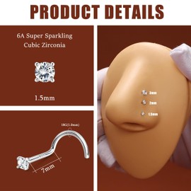 Thunaraz 925 Sterling Silver Nose Studs, 18G Corkscrew Nose Ring, Simulated Diamond CZ Hypoallergenic Nose Piercings for Women Men 1.5MM