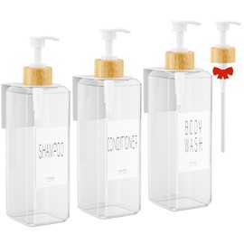 VITVITI Shampoo and Conditioner Dispenser, 17OZ Refillable Shower Soap Dispenser Wall Mounted, Plastic Shampoo/Body Wash Shower Bottles for Bathroom with Pump/Labels, Bamboo (Clear)