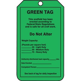 Accuform TRS209CTP Scaffold Status Tag, Legend "GREEN TAG - THIS SCAFFOLD HAS BEEN ERECTED ACCORDING TO FEDERAL/STATE REGULATIONS AND IS SAFE FOR ALL CRAFT WORK", 5.75" Length x 3.25" Width x 0.010" Thickness, PF-Cardstock, Black on Green (Pack of 25)
