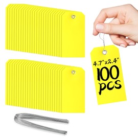 Pack of 100 Yellow Plastic Shipping Tags,with Wire Ties Plastic Hang Tags Durable, Waterproof, Blank, Writeable, Multi-Purpose Labels