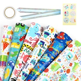 LEMESO 6 Papel Reutilizable de Regalo de Cumpleaños Papel de envolver para niño, Seis Especies de Cartoon