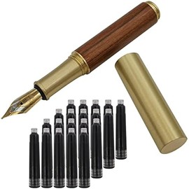 Pluma estilográfica de madera de latón hecho a mano con 20 cartuchos de tinta negra, rayas marrones (85 mm)