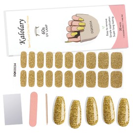 20 PCS Semi Cured Gel Nail Polish Strips, Kalolary Golden Glitter Self Adhesive Full Wraps Real Gel Nail Stickers Decals Waterproof Nail Art Supplies for DIY Nail Decoration (UV/LED Lamp Required)