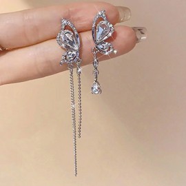 Wendalern Asymmetrical Crystal Butterfly Tassel Dangle Earrings Diamond Rhinestone Butterfly Wings Beads Chain Drop Earrings Mismatch Zircon Butterflies Statement Earrings Wedding Jewelry for Women