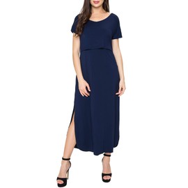 Smallshow Women's Maternity Nursing Dresses Split Long Dress for Breastfeeding Medium Dark Blue